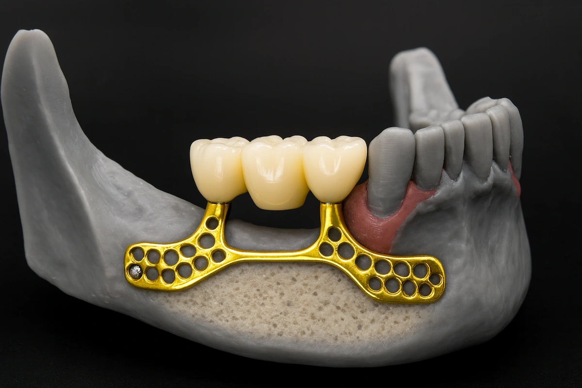 Subperiosteal implants are placed on top of the jawbone, but beneath the gum tissue. Instead of being anchored within the bone, they sit on a metal framework that holds the prosthetic teeth in place.