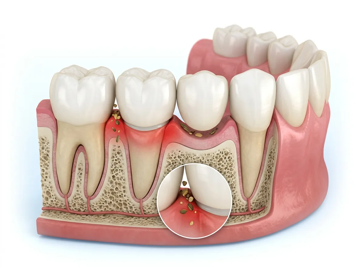 Cause del cibo sotto un ponte dentale in zirconia