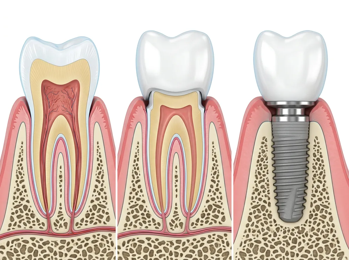 Dente naturale, corona in zirconia e impianto dentale