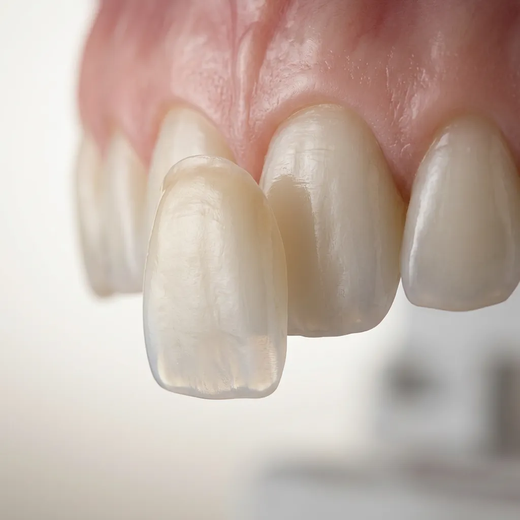 Spessore di una faccetta E-Max ultrasottile accanto a un dente naturale