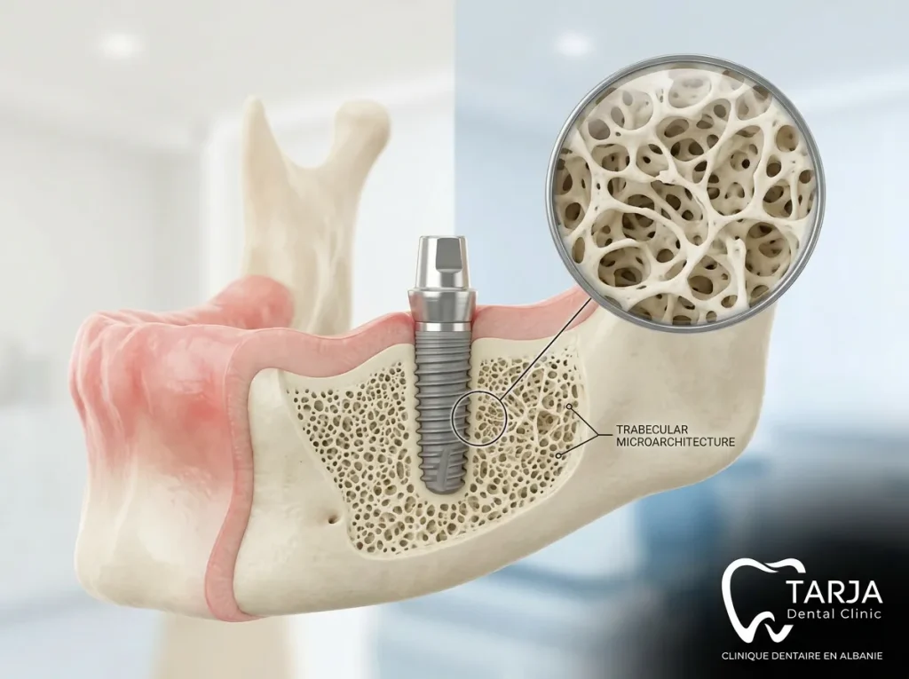 Implant dentaire et ostéoporose avec visualisation de la structure osseuse de la mâchoire