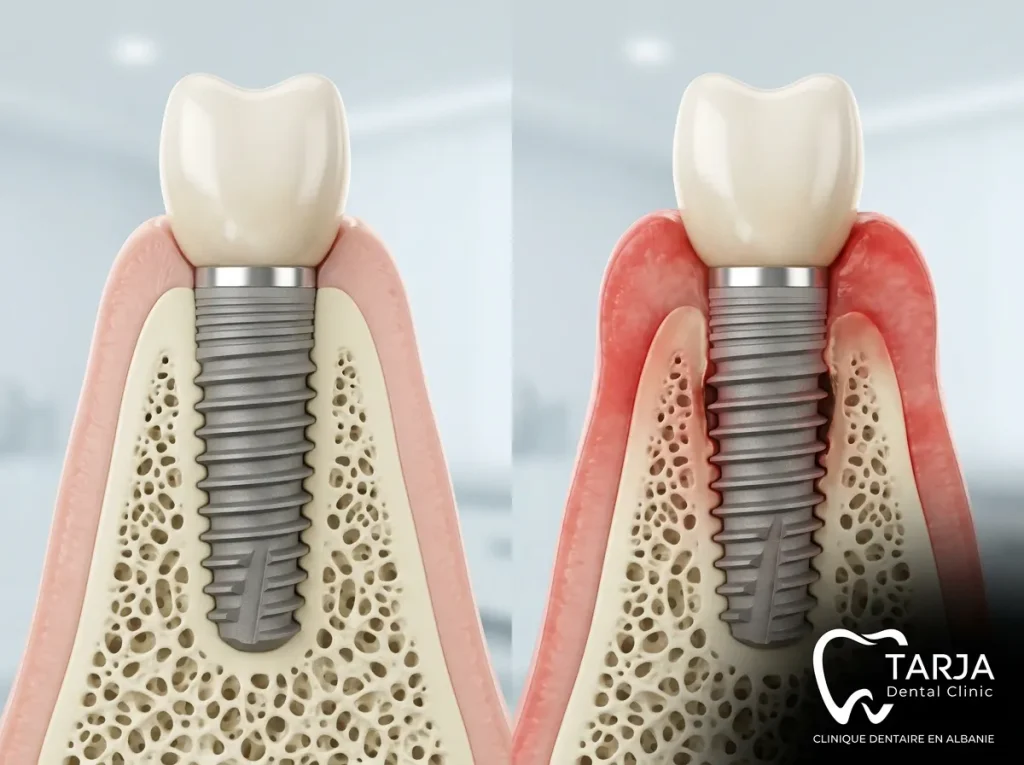 Infection implant dentaire : implant sain comparé à une péri-implantite avec perte osseuse