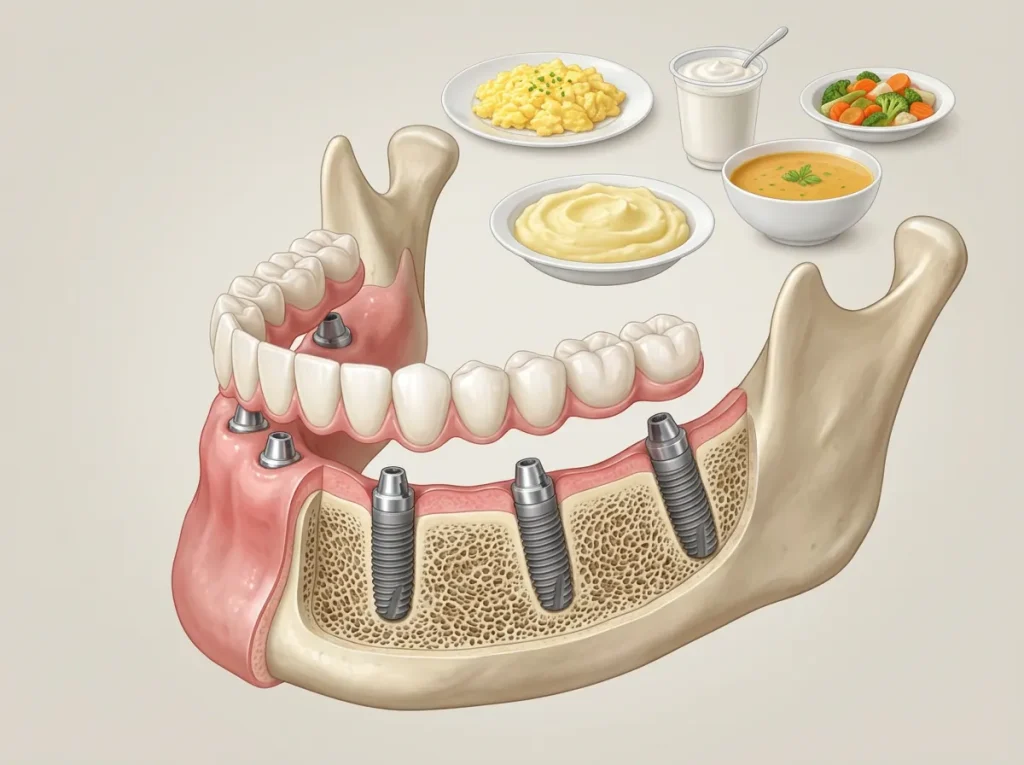 Alimentation après implant dentaire : découvrez quoi manger, quoi éviter et comment adapter vos repas après un implant, All-on-4 ou All-on-6.