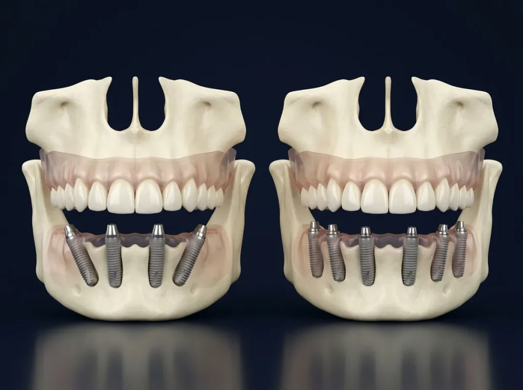 Comparaison 3D entre All-on-4 et All-on-6 avec quatre et six implants dentaires