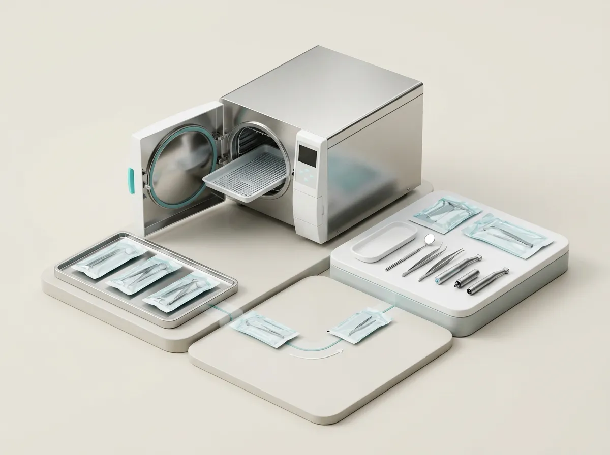 Illustration 3D du protocole de stérilisation des instruments dentaires