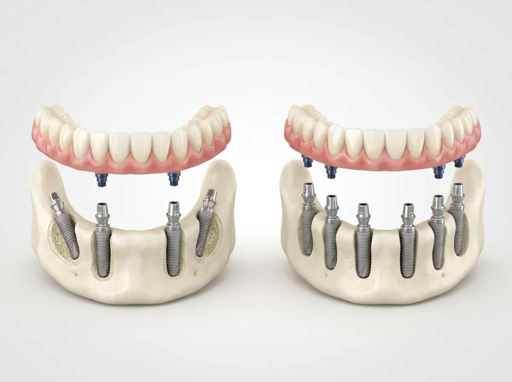 All-on-4 oder All-on-6? Vergleichen Sie Vorteile, Knochenbedarf, Stabilität, Kosten und erfahren Sie, welche Implantatlösung zu Ihnen passt.