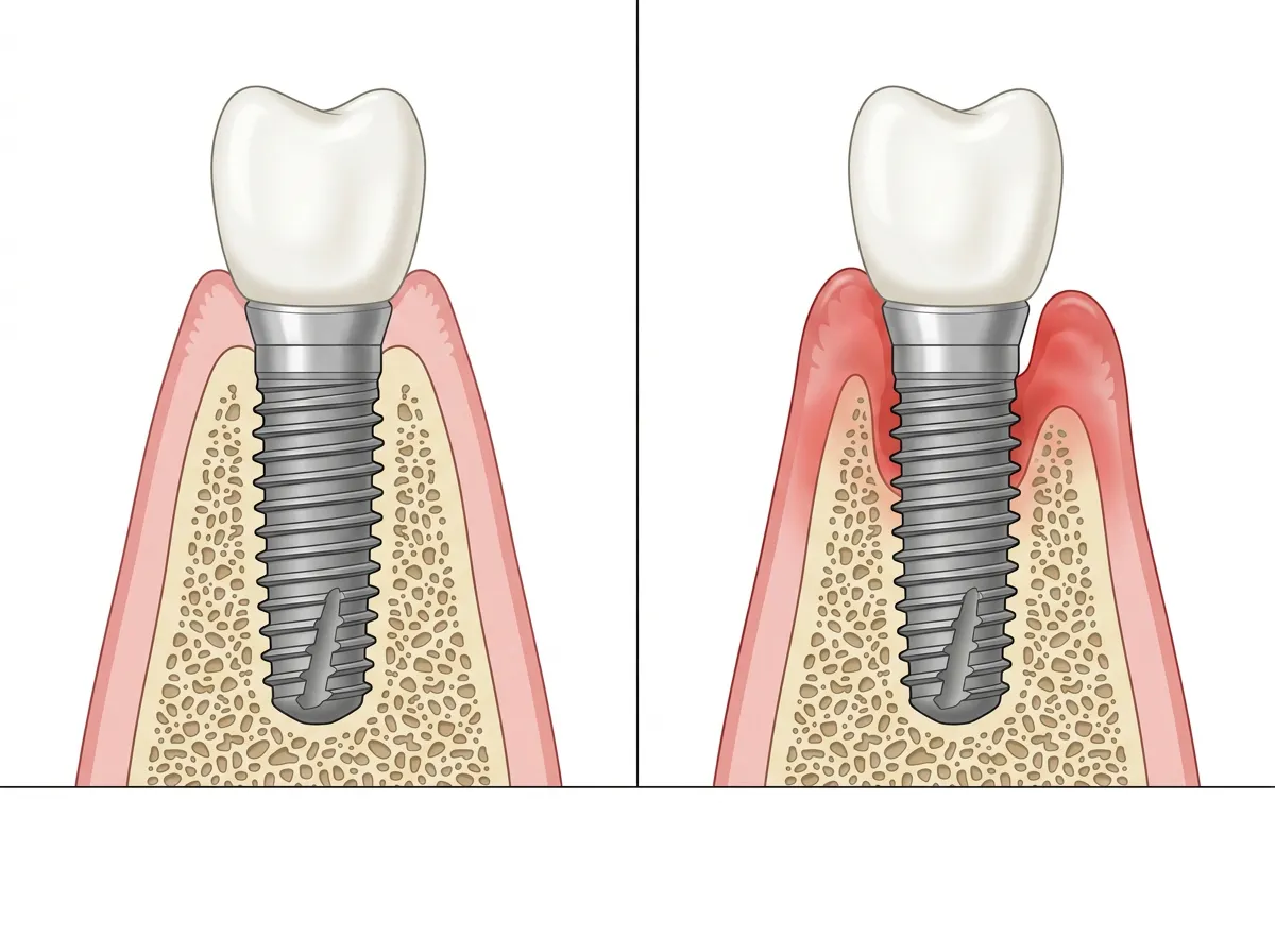 Nachsorge bei Zahnimplantaten mit Vergleich zwischen gesundem Implantat und Periimplantitis
