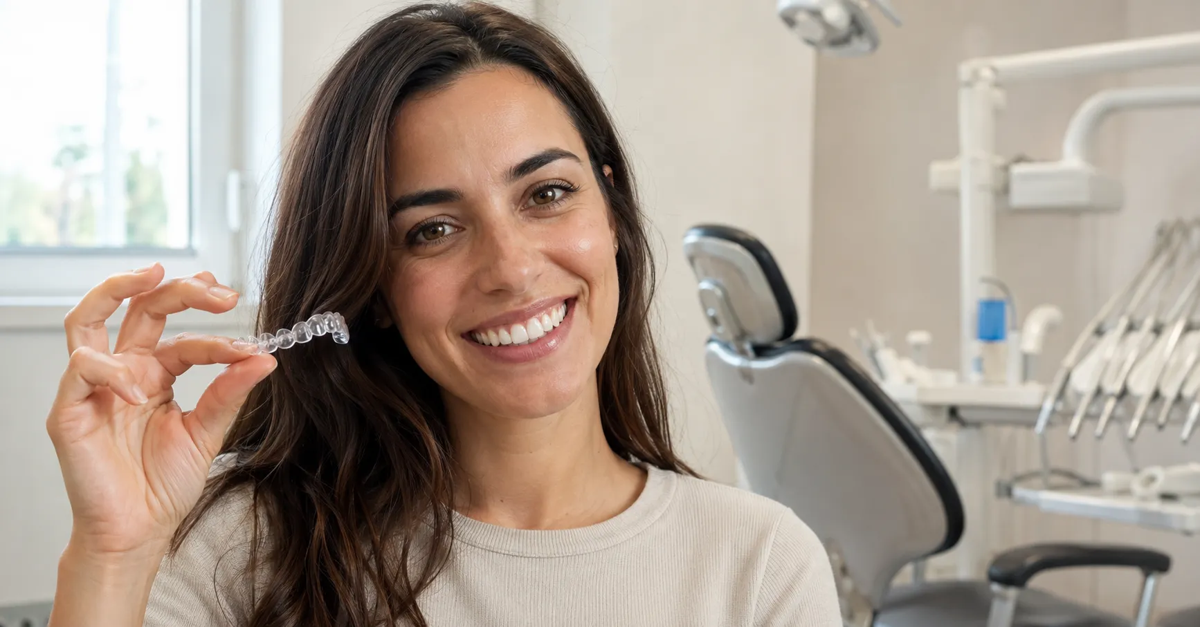 Mascherina trasparente in Albania indossata da una paziente durante un trattamento con allineatori dentali